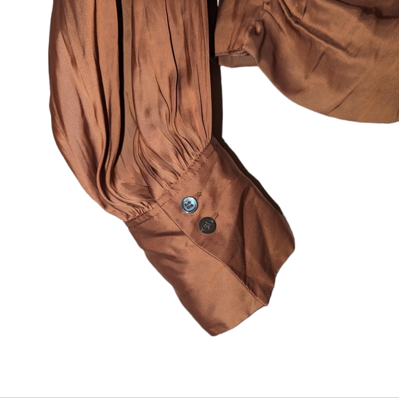 Frame Denim Satin Balloon Long Sleeve Wrap Front Blouson V-Neck Blouse Bronze XL - Picture 11 of 13